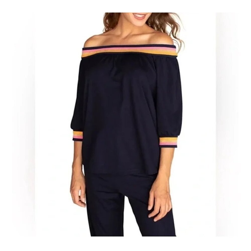 TRINA TURK Beach Off The Shoulder Varsity 3/4 Sleeve Top Navy Blue